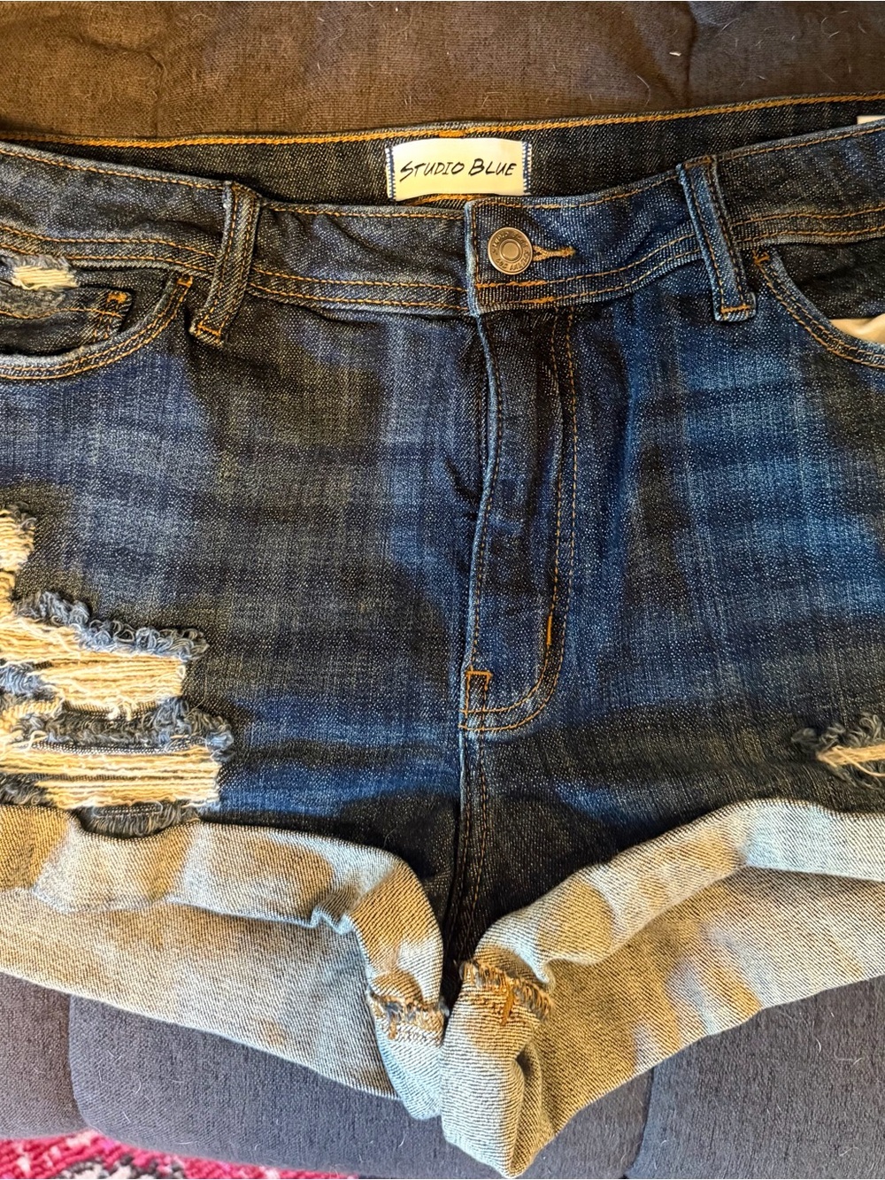 Studio Blue Women's Distressed Dark Blue Rolled-Hem Denim Shorts